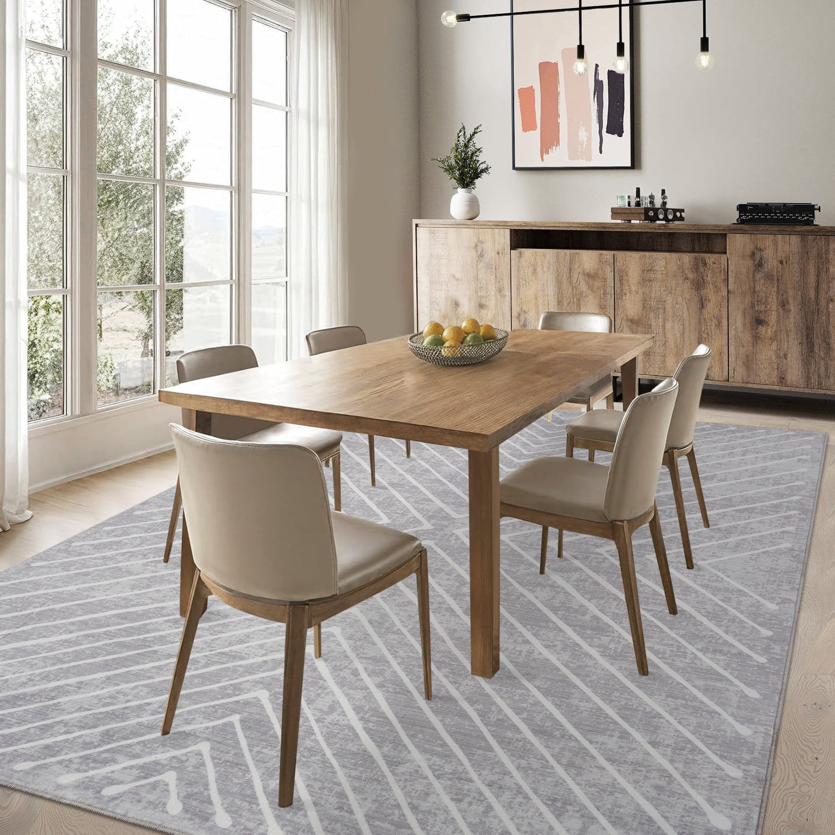FairOnly 8'x10'Modern Area Rug with Symmetrical Fine Lines Machine Washable Low Pile Non-Slip Geometric Rugs for Living Room Bedroom，Light Grey