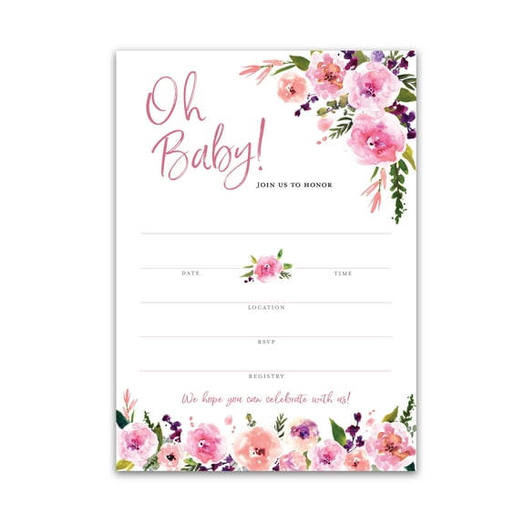 PINK GIRL Baby Shower INVITATIONS — Pack of 25 — Oh Baby Blank Fill-in Baby Shower INVITES, Pink Floral It’s a Girl Baby Shower Invitation, Garden Shower, Boho Chic Sprinkle Sip and See I140-INV2