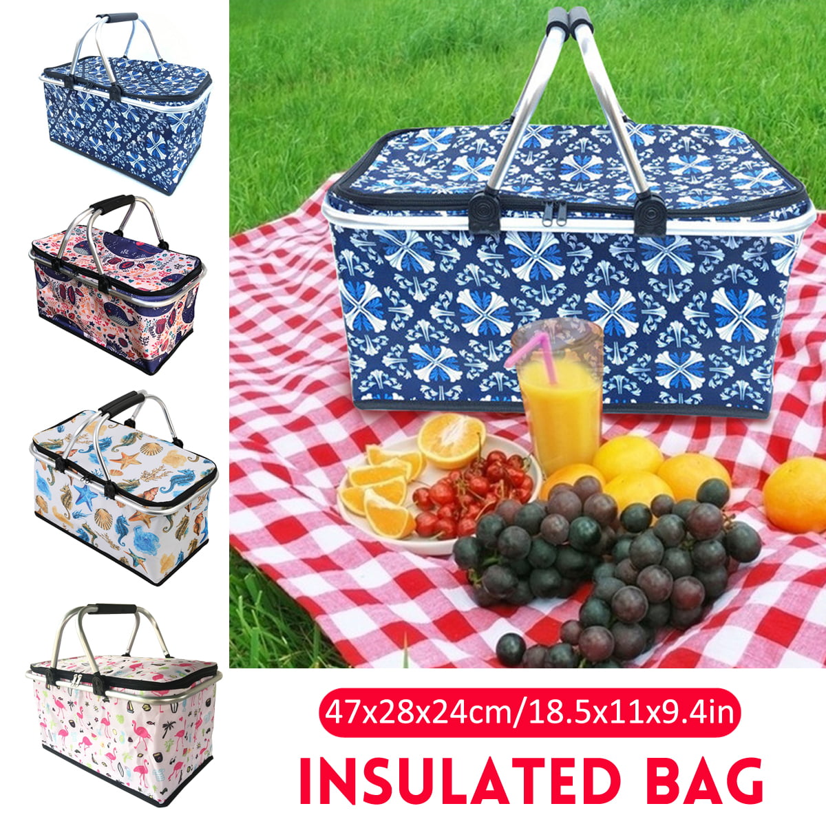 Outdoor Picnic Basket Insulated Picnic Basket Foldable Portable Collapsible Lunch Bag for Camping Outdoor Picnic-Green