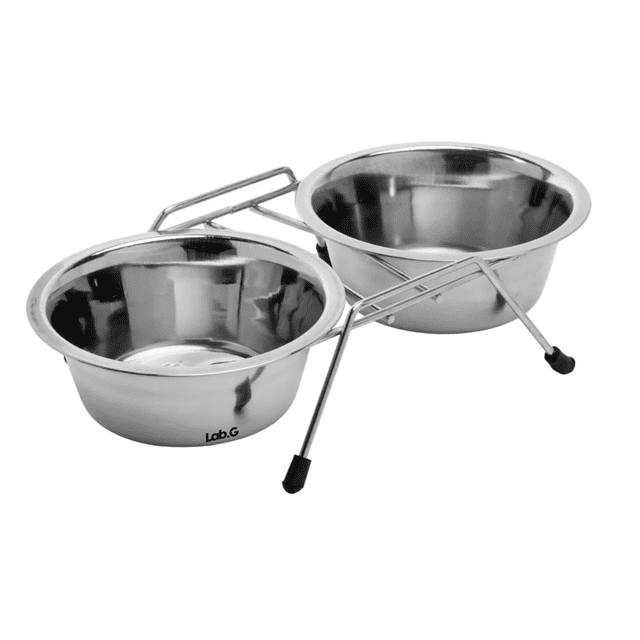 Comedero Perro Gato Doble Con 2 Platos 473ml / 16 Onzas Lab.G, Color Plateado