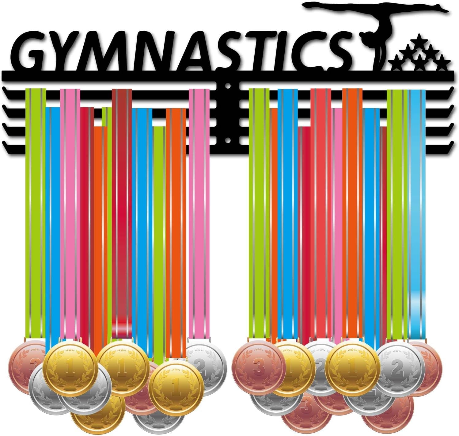 Gymnastics Medal Hanger Display Medals Holder Rack Black Metal Shelf Medal Hanger Organizer Medal Frame Wall Mounted Ribbon Display 20 Hooks 60 Sport