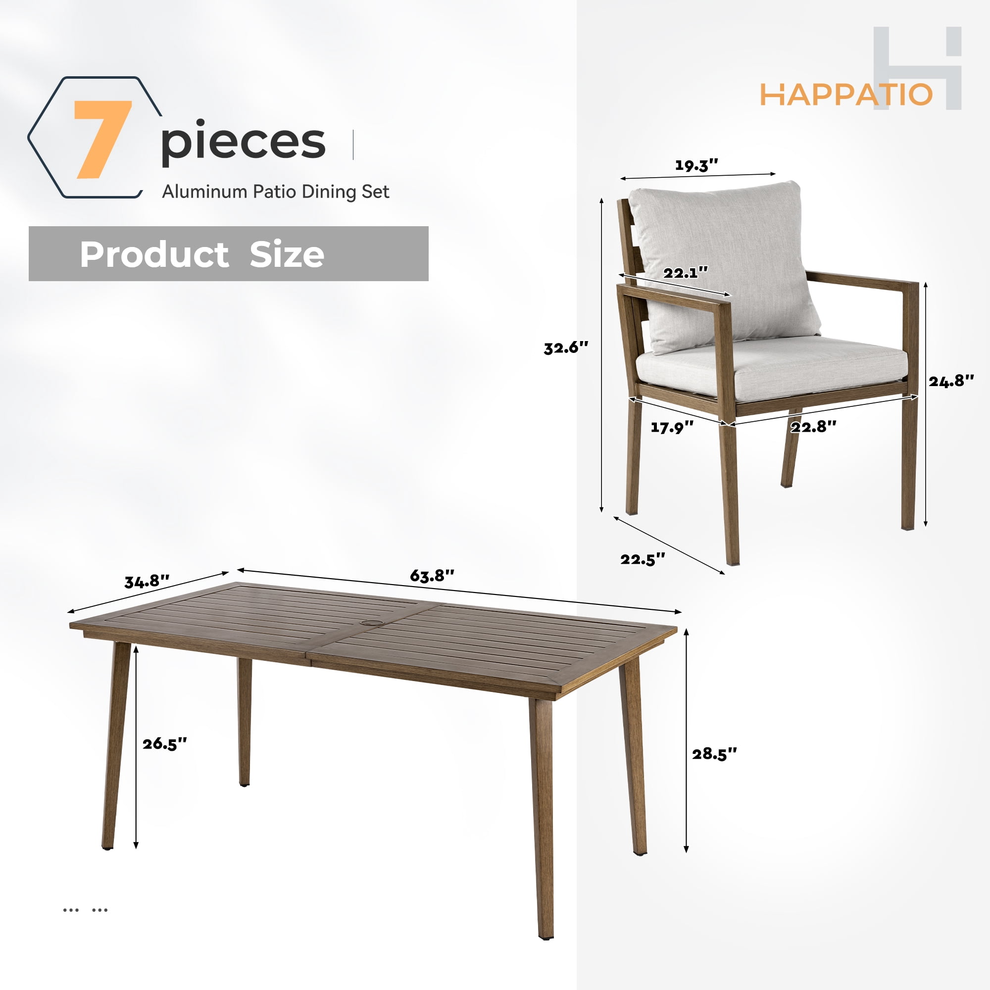 HAPPATIO Outdoor Dining Set, 7-Piece Patio Aluminum Dining Set with Wood-Like Hand-Painted Finish, 6 Chairs with Waterproof Cushions, Easy Assembly for Backyard, Garden, Porch