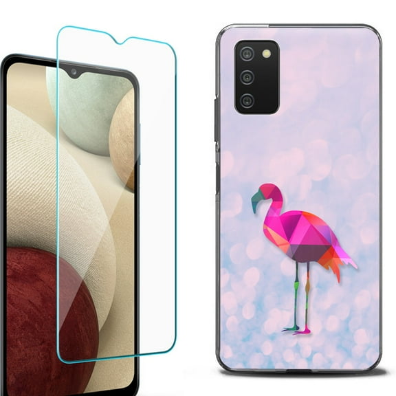 Slim-Fit Protective Fashion Phone Case (Black) for Samsung Galaxy A03s, with Tempered Glass Screen Protector, by OneToughShield ® - Flamingo / Polygon