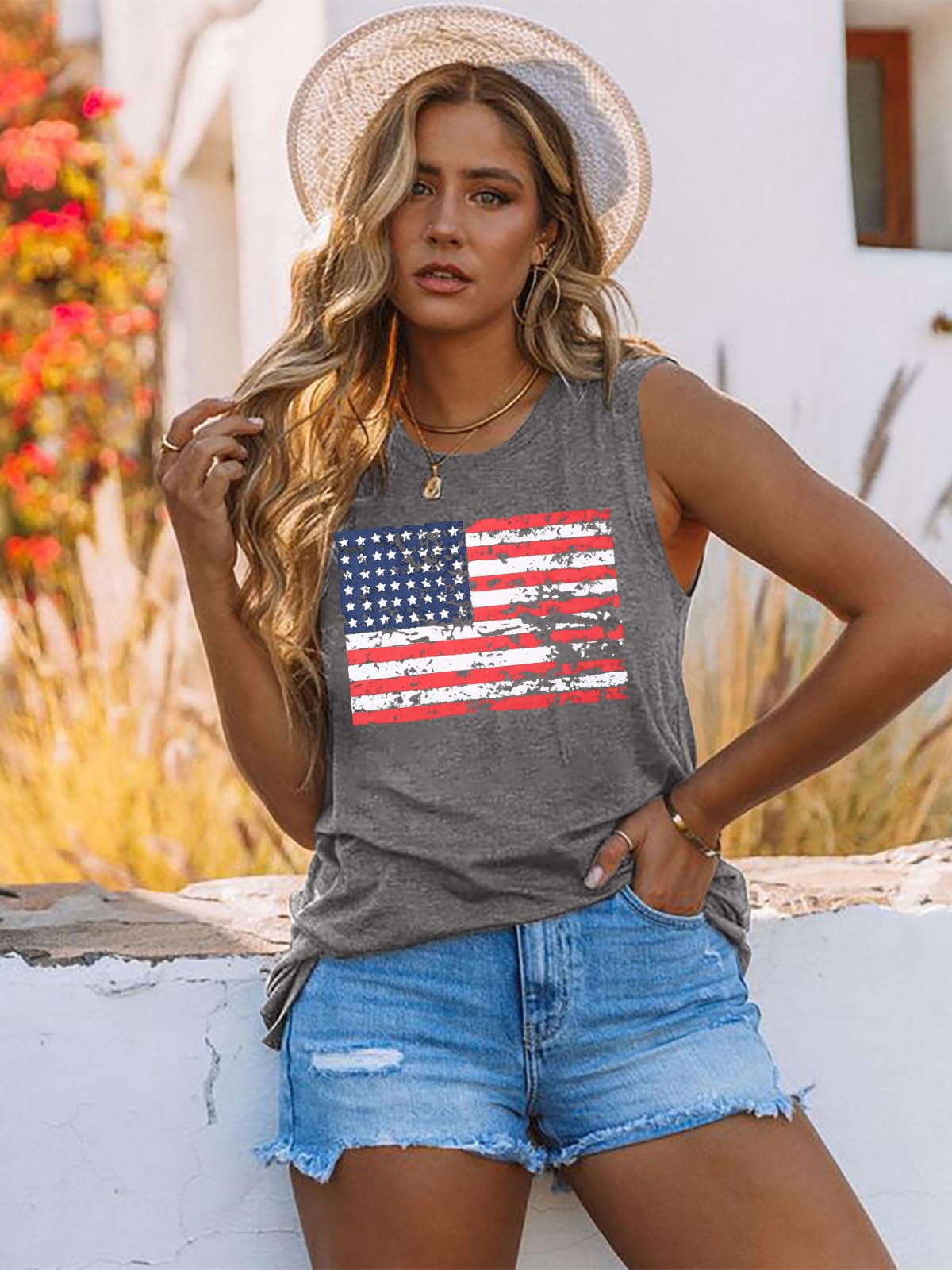 KimSoong Women American Flag Tank Tops USA Stars Stripes Graphic Independence Day Patriotic Shirt Summer Loose Vest Tees