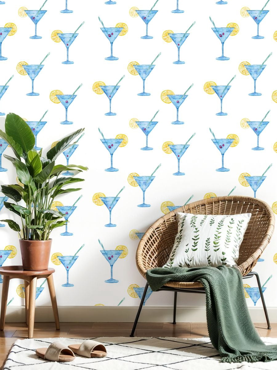 Peel and Stick Wallpaper Watercolor Martini Glasses Lemon Straw Wall Mural 23.6in x 9.8ft Self Adhesive Removable Wall Paper Renter Friendly Wallpaper for Nursery Bedroom Cabinets
