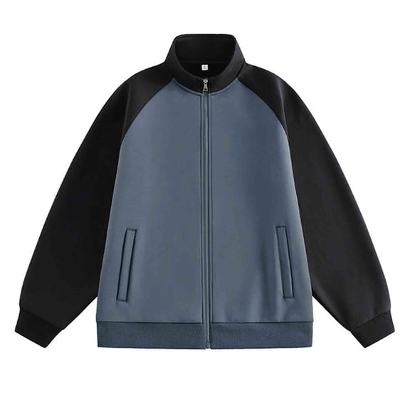Men Full Zip Fleece Jackets, Raglan Long Sleeve Zipper Sweatshirt No Hood Stand Collar Winter Warm Color Block Zip Up Jackets Outerwear