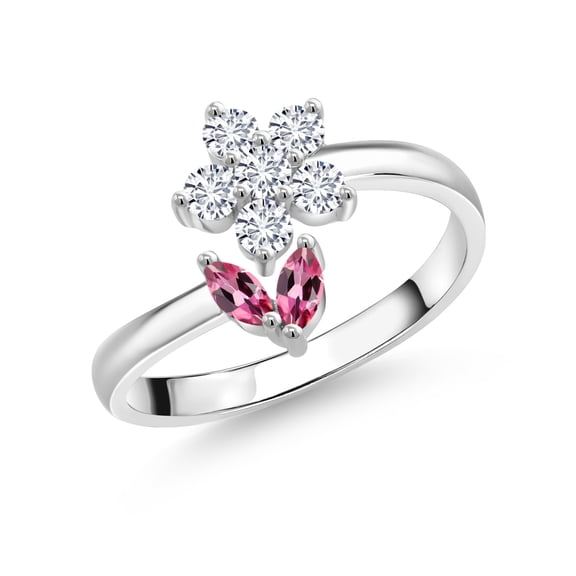 Gem Stone King 925 Sterling Silver Pink Tourmaline Flower Open Ring for Women (0.53 Cttw, Gemstone October Birthstone, Size 6)