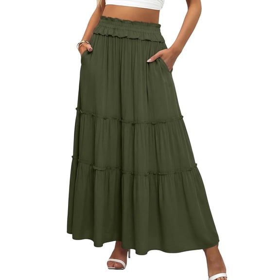 Tiered Maxi Skirt with Pockets, Boho Ruffle Layered High Waisted Long Skirt, Casual Flowy Smocked Paperbag Waist Slacks