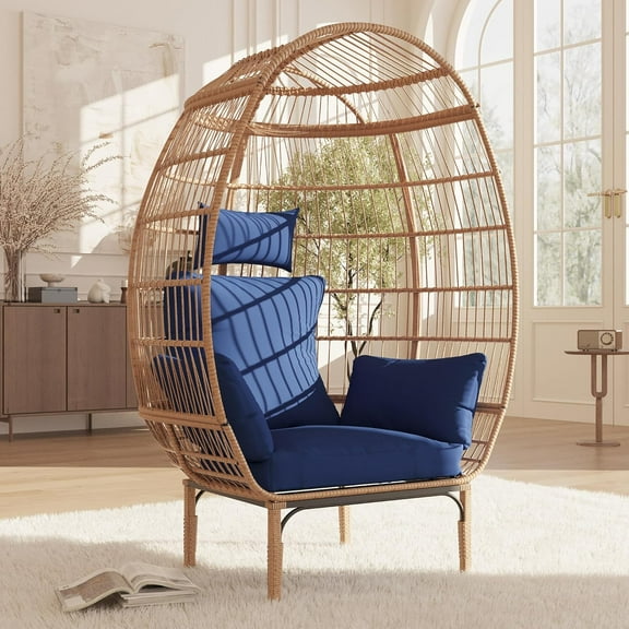 Wicker Egg Chair Oversized Indoor Outdoor Patio Lounger with 5 Cushions for Patio,Backyard,Living Room,Steel Frame,500 Lbs Capacity
