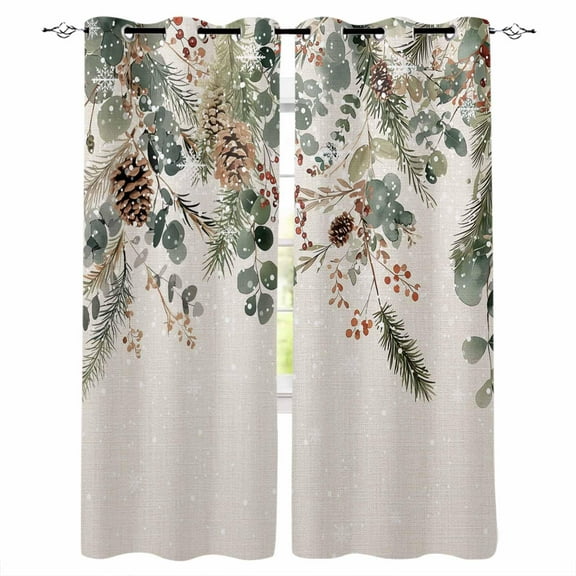 Christmas Blackout Curtains | Light Blocking Print Window Curtains, Xmas Botanical Pinecone Eucalyptus Leaves Rustic Thermal Insulated Window Drapes for Living Room Kitchen (2 Panels, 104"W x 52"L)