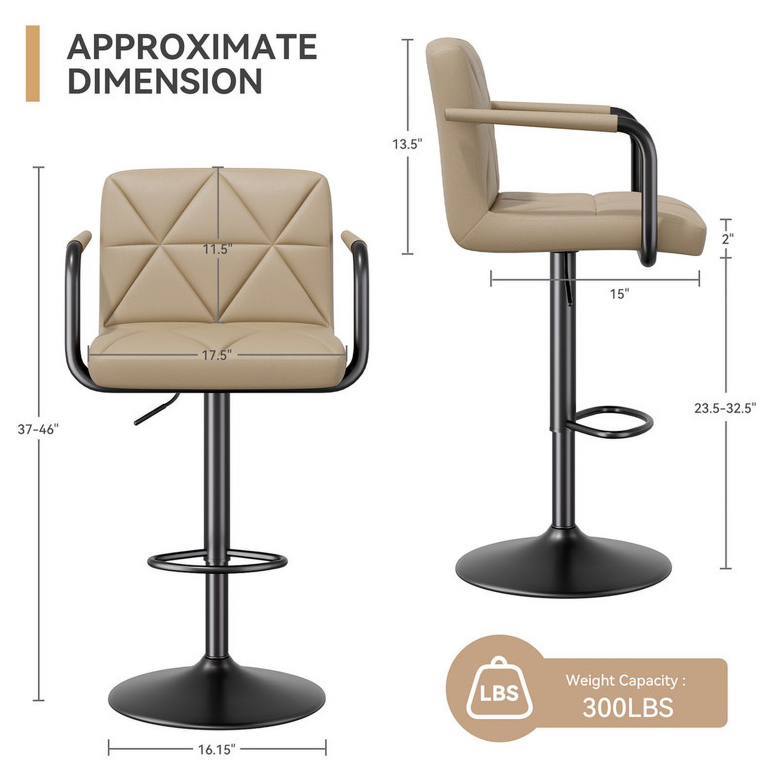 Hawsaiy Modern Bar Stools Set of 2, PU Leather Adjustable Swivel Bar Chairs with Armrests and Back, Hydraulic Counter Height Stools with Footrest for Kitchen Island, Dining Room, Bar, Khaki