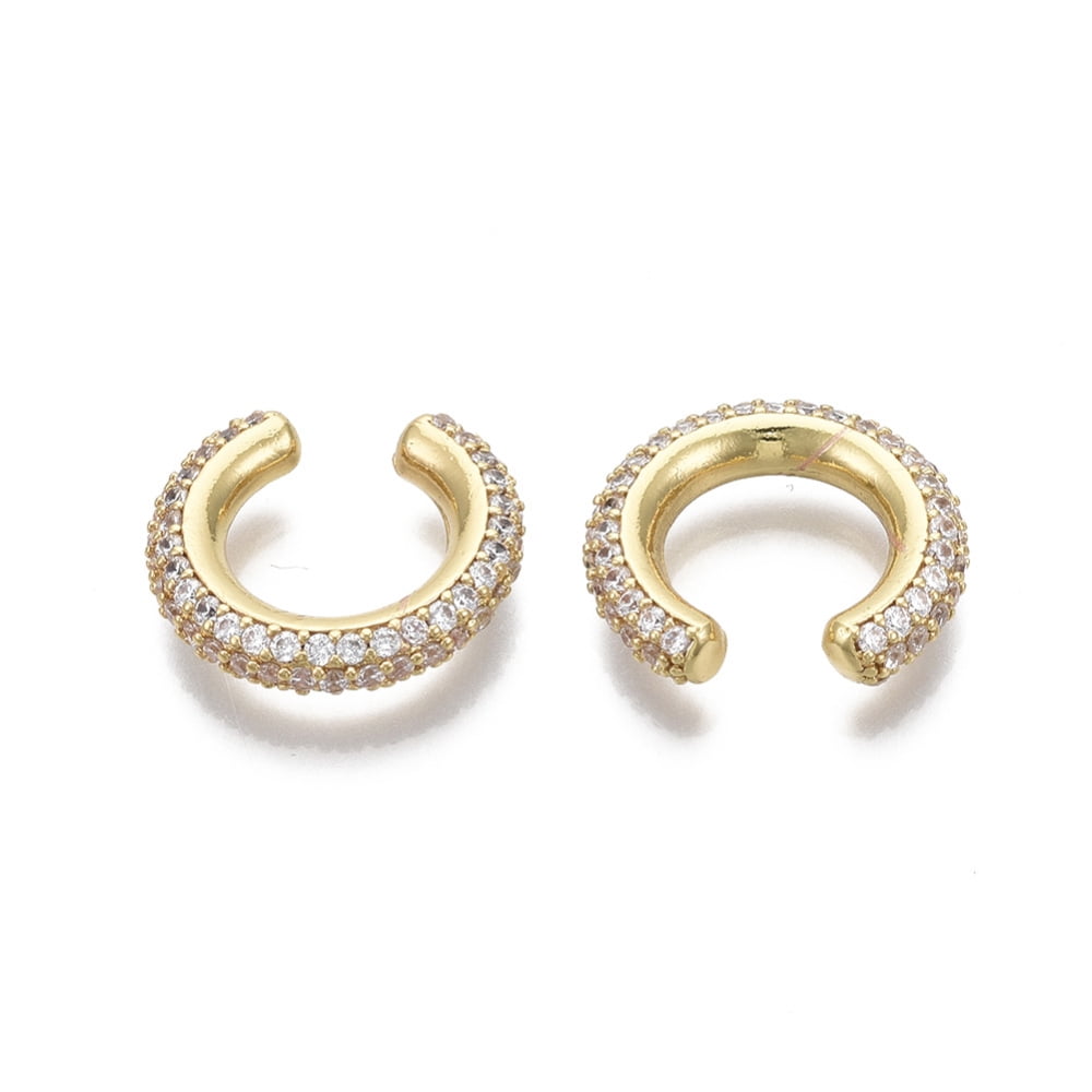 Brass Micro Pave Clear Cubic Zirconia Cuff Earrings Nickel Free Ring Real 18K Gold Plated 4x10.5mm