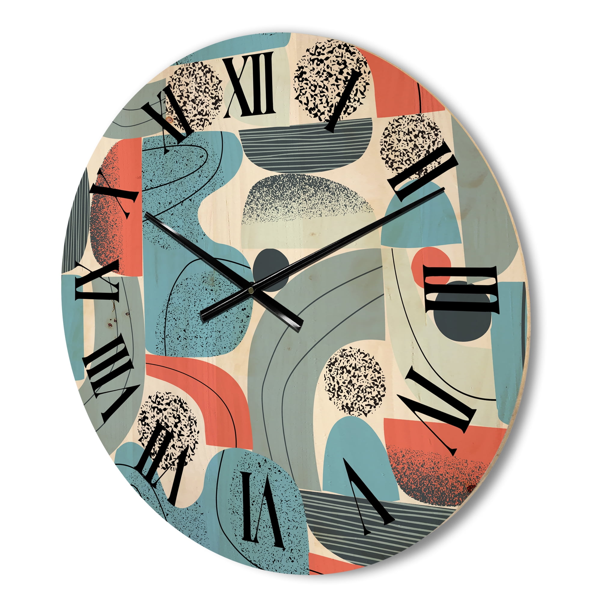 Designart 'Retro Shapes With Abstract Moons and Suns II' Modern Wood Wall Clock