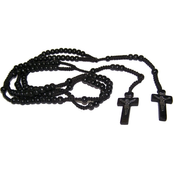 Pair of Black Wooden Rosaries with Velvet Bags - Colored Wooden Beads Rosary Necklaces with Jesus Imprint Cross