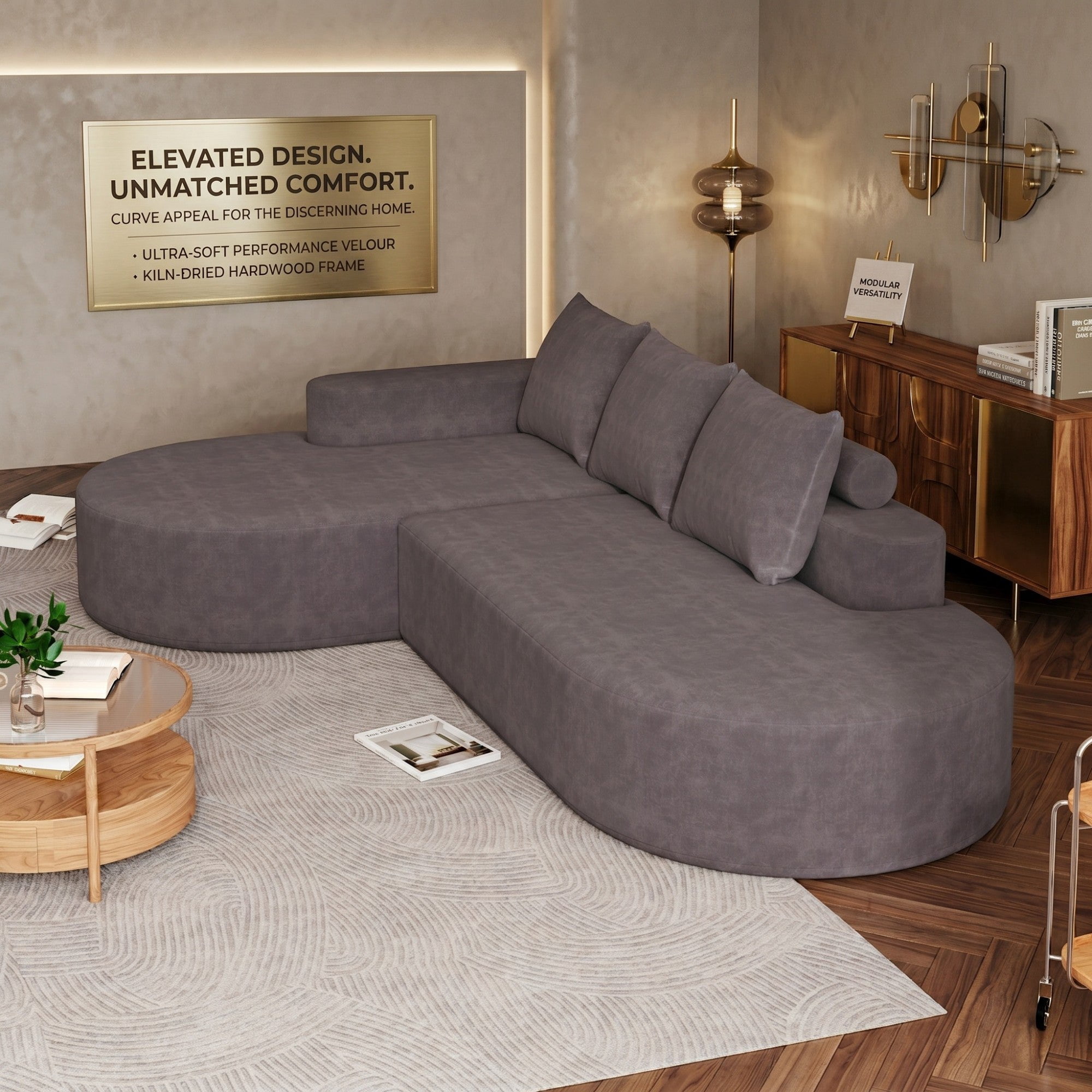 Sailvan 108.5" Modern Curved Chenille Sectional Sofa, Modular L-Shaped Couch with 3 Pillows Grey