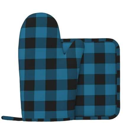 

Blue black plaid Oven Mitts and Pot Holders Sets with 1 Non-Slip Left Silicone Oven Mitts and 1 Heatproof Insulated Hot Pads for Kitchen Use in Cooking Baking Grilling