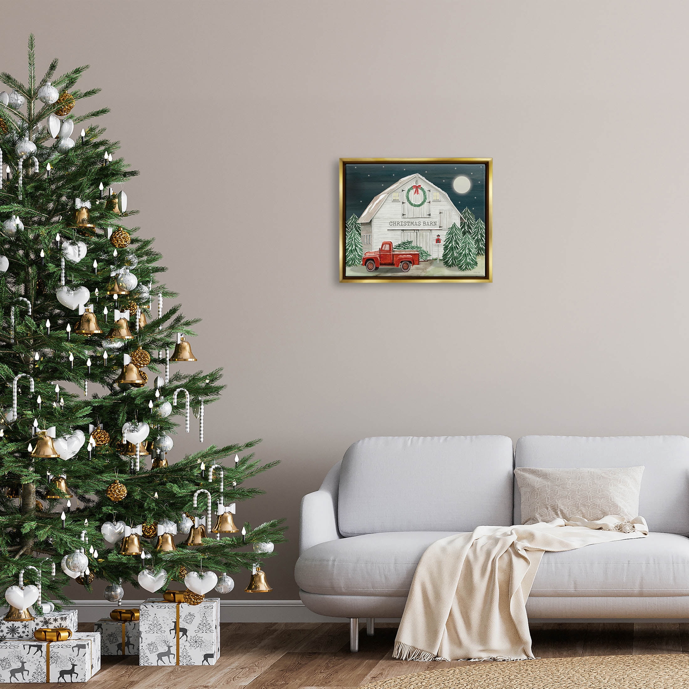 Nighttime Christmas Barn Farm Holiday Graphic Art Metallic Gold Framed Art Print Wall Art