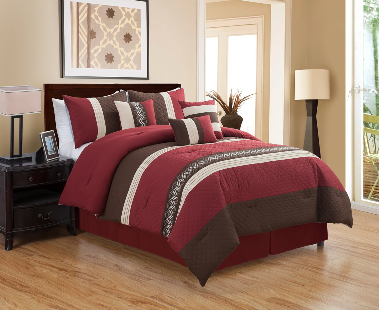 Unique Home Michri 7 Piece Comforter Set Striped Brown and Red Bed In a Bag Clearance Bedding ...