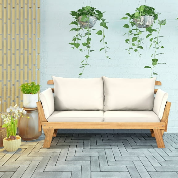 Gymax Adjustable Patio Sofa Daybed Acacia Wood Furniture w/ White Cushions
