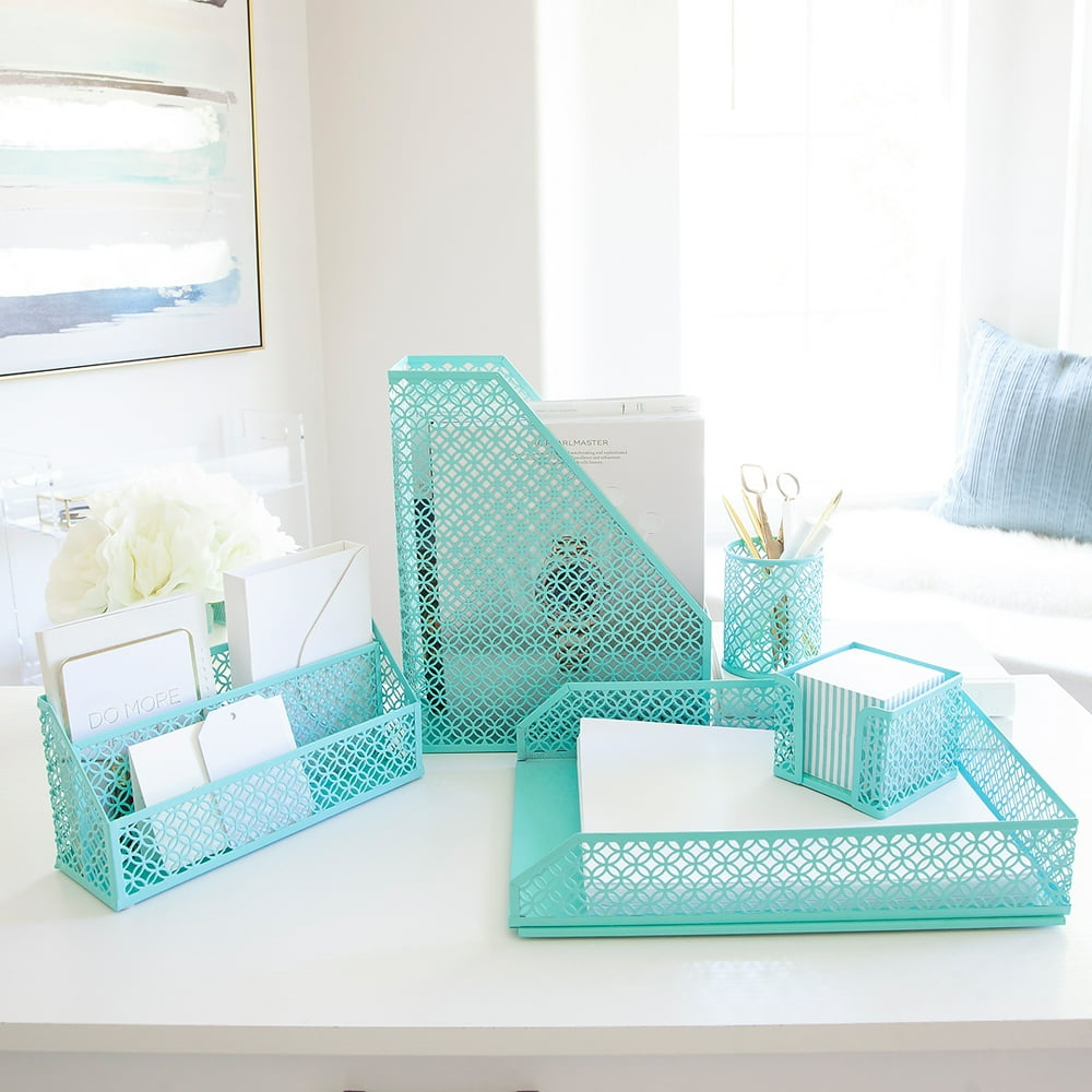 Aqua Teal 5 Piece Cute Desk Organizer Set Desk Organizers and