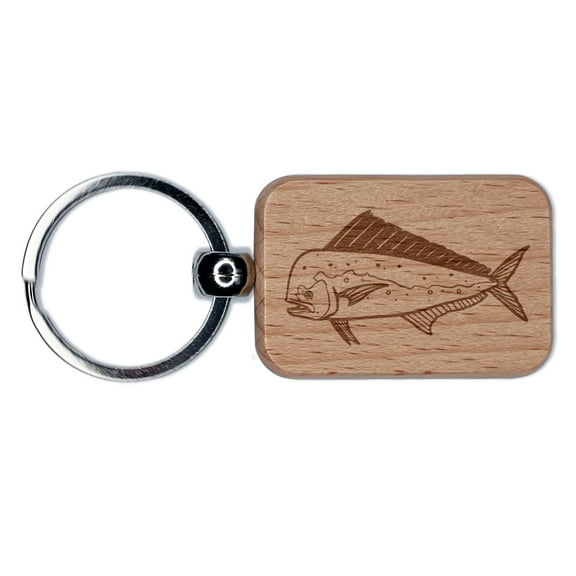 Mahi Mahi Dolphin Fish Dorado Rectangle Keychain Charm Tag - Engraved Wood