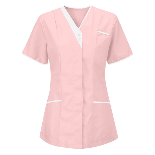 Ktyne Blouses Médicales pour Femmes Col en V Manches Courtes Uniforme d'Infirmière Extensible Mode avec Poches Rose TG