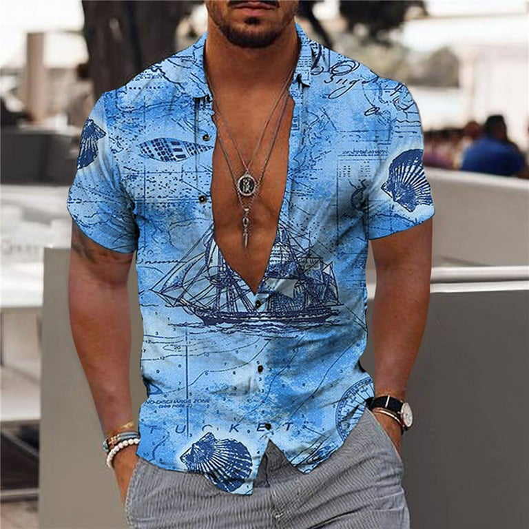 VSSSJ Shirts for Men Loose Fit Short Sleeve Botton Down Casual Collared  Tshirt Comfortable Hawaiian Printed Summer Vacation Style Tops Blue S 