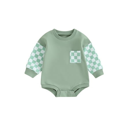 

Frobukio Baby Girls Boys Autumn Romper Long Sleeve Crewneck Plaid Print Jumpsuit Contrast Color Romper