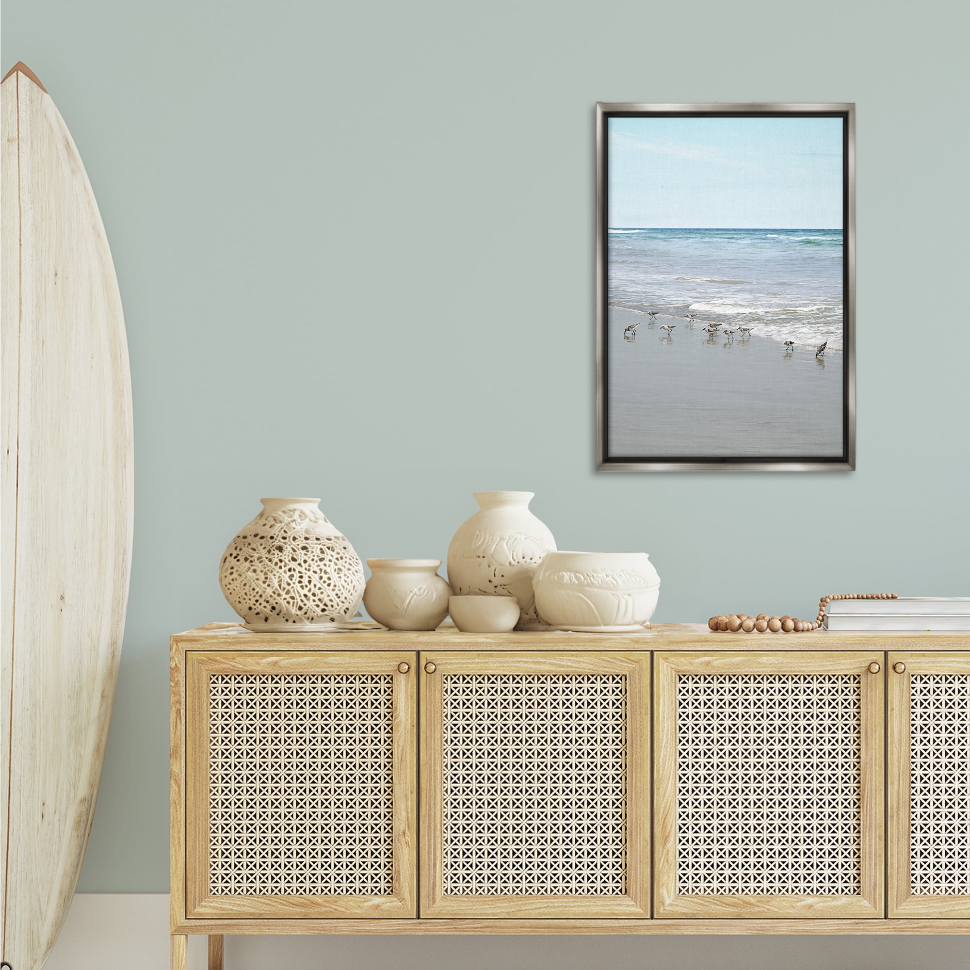 Stupell Industries Energetic Beach Birds Nautical & Beach Photography Gray Floater Framed Canvas Art Print Wall Art, 21 x 31