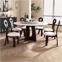 JERFIT Modern Round Dining Table Set with Sintered Stone Top & Walnut Base, 6-Person Kitchen Table with Lazy Susan for Dining Room