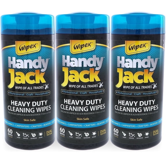 Wipex Handy Jack Heavy Duty Cleaning Wipes, Dual Texture Cleaner Cloth - Degreaser & Hand Wipe, 60ct Canister - 3pk