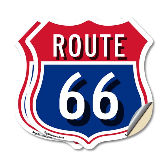 Route Marker Shield Sign Route 66 (2 Pack) 4 inch X 4 inch Shield Shaped Heavy Duty 3.2 mil Vinyl Decals Weather Resistant, UV Protected for Workplace Made in the USA