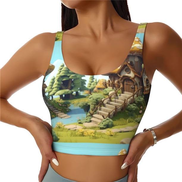 Balery Cartoon Mushroom House Sujetadores deportivos con espalda cruzada para mujer, acolchados, sin costuras, de alto impacto, ideales para yoga, gimnasio, entrenamiento y fitness.-XX-Large