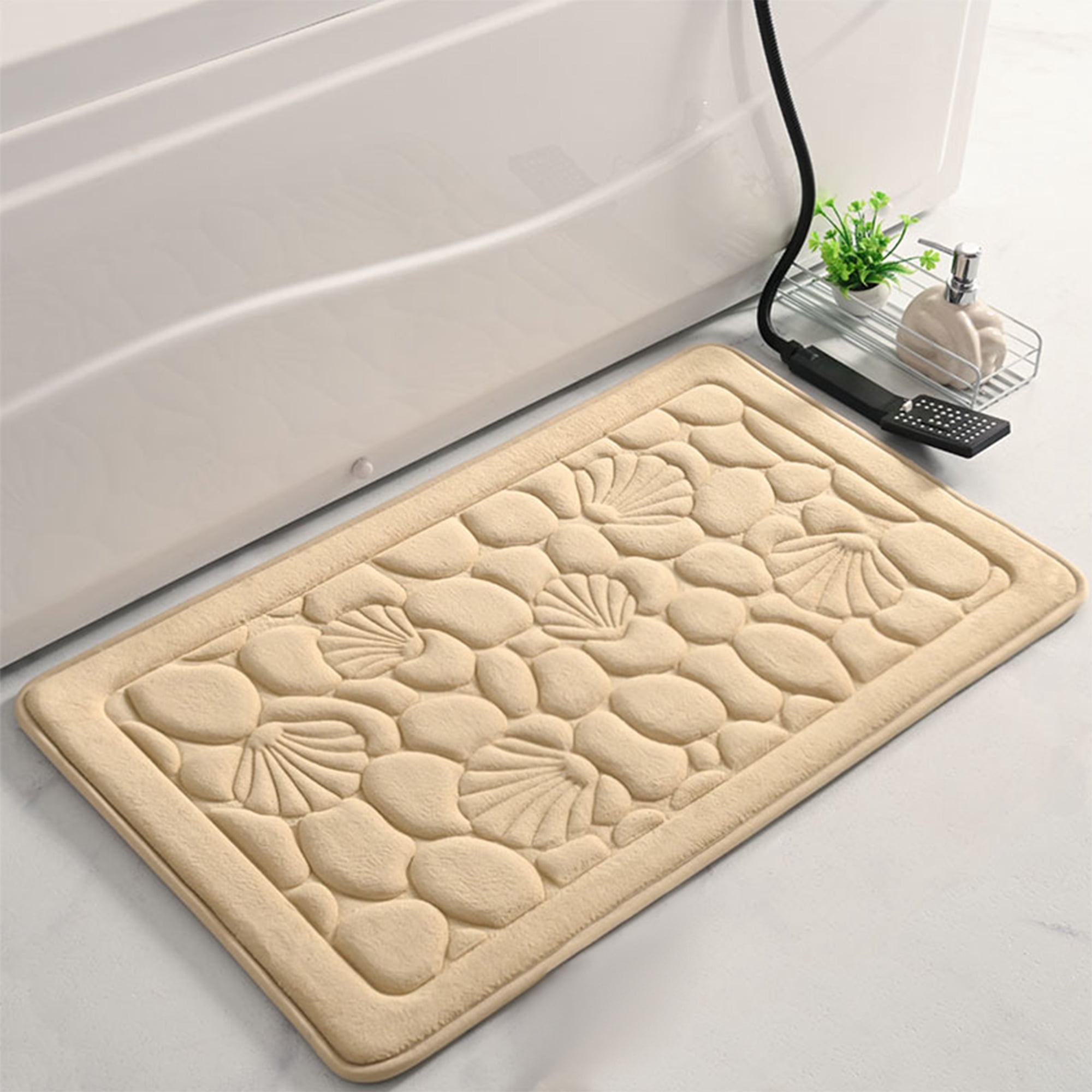 Unique Bargains Shell Pattern Bath Mat Memory Foam Non-Slip Bath Rugs Khaki 20" x 32"
