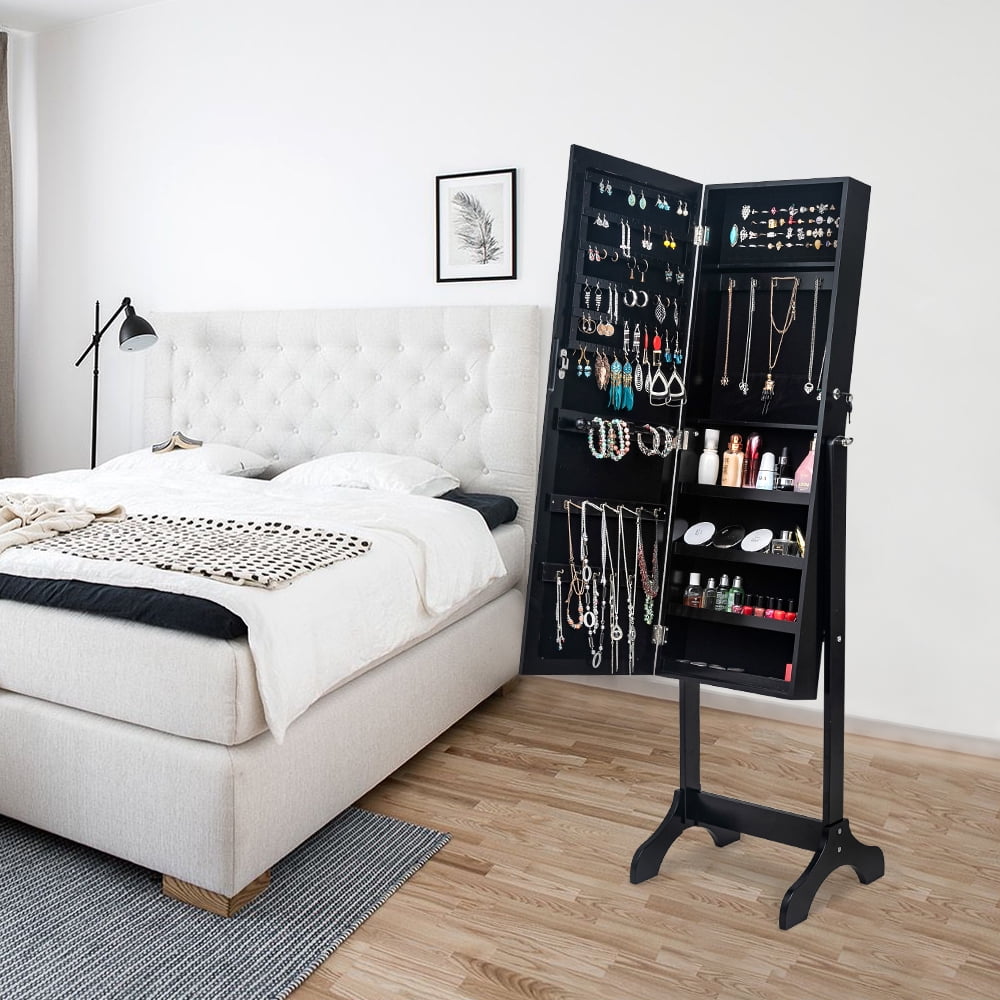 Kepooman Non Full Mirror Wooden Floor Standing 4-Layer Shelf Jewelry Storage Adjustable Mirror Cabinet, Black Kepooman Non Full Mirror Wooden Floor Standing 4-Layer Shelf Jewelry Storage Adjustable Mirror Cabinet, Black