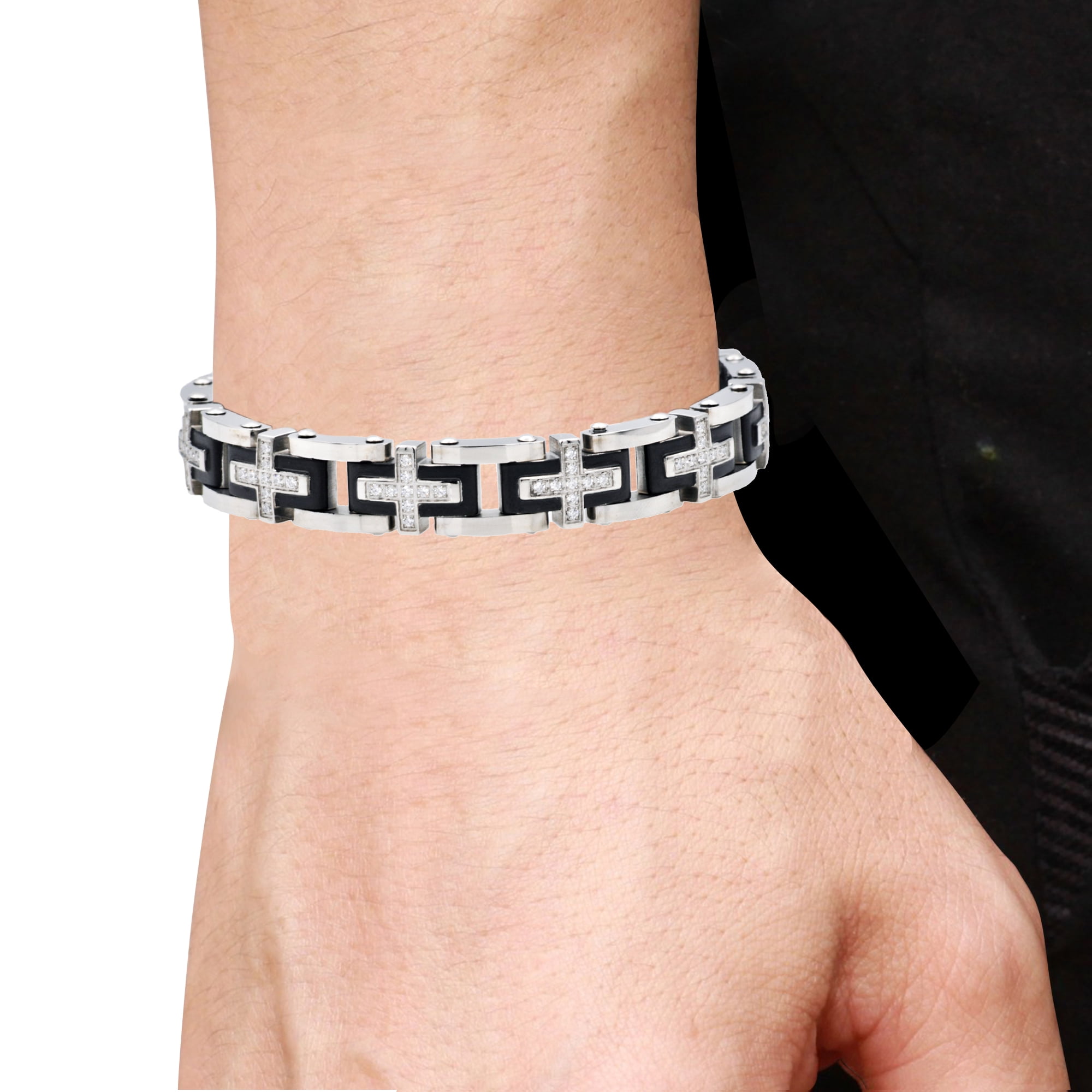 Mens Black Plated Stainless Steel Bracelet With Cubic Zirconia