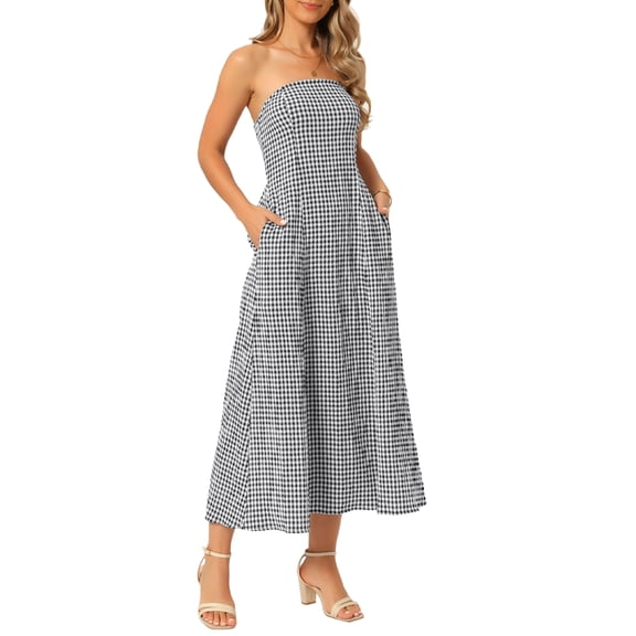 INSPIRE CHIC Women's Gingham Strapless Maxi Dress 2025 Casual Sleeveless Off Shoulder Smocked Beach Long Sundress S Black