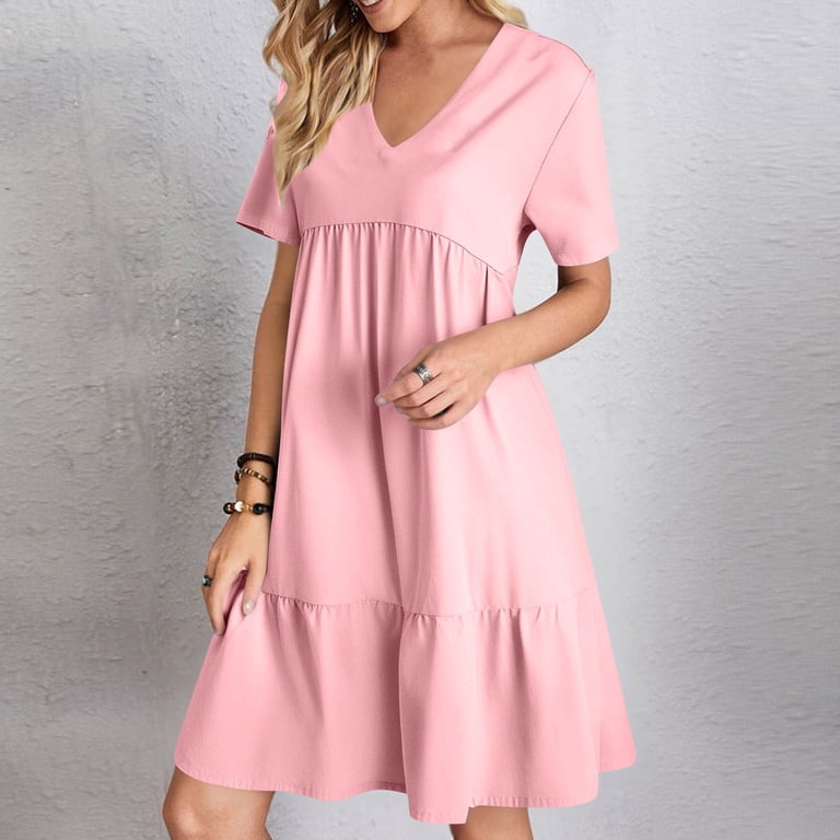 Lenago Women's Plus Size Summer Dresses High Waisted Fashion Holiday Summer  Solid Color Short Sleeve Pink Dresses Party Beach Dress - Walmart.com