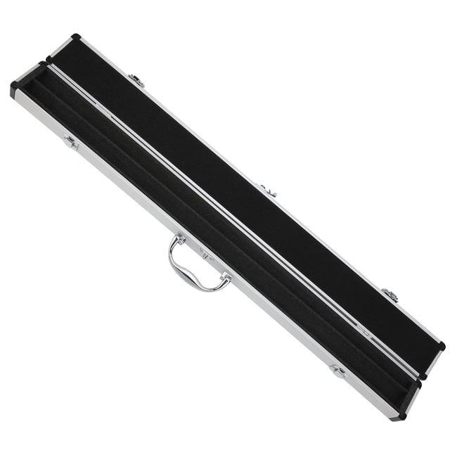Haofy 1/2 Snooker Pool Soft Foam Lining Storage Case Protective Billiard Equipment. A durable snooker cue case with a black foam-lined interior, designed to protect and store two billiard cues. It features a retractable handle, three metal latches for secure closure, and reinforced metal corners for impact resistance. Measuring 31.9 inches in length, it accommodates cues with long handles, short handles, and extensions. Ideal for snooker and American eight or nine ball billiards.