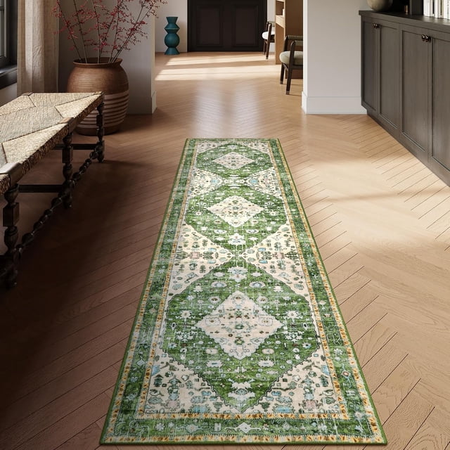 Lahome Boho Tribal Runner Rug - 2x8 Green Kitchen Rug Runner Laundry Room Mat, Bohemian Soft Washable Non Slip Accent Carpet Runner for Apartment Vanity Wet Bar Bathroom Bedside Entryway