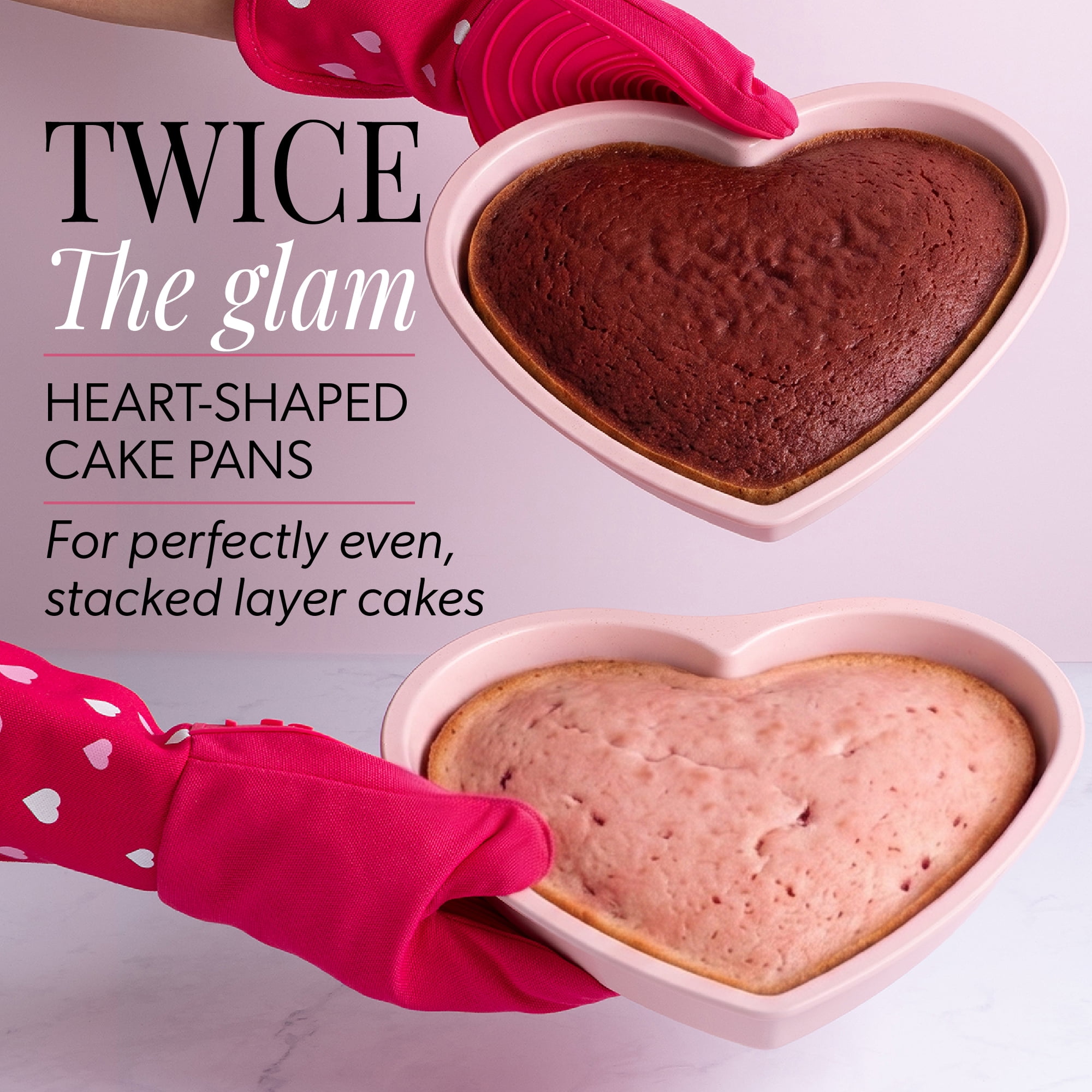 Paris Hilton 10.25-Inch Nonstick Heart Shaped Cake Pans, 2-Pack Carbon Steel Layer Cake Baking Pan Set, Dishwasher Safe, Pink