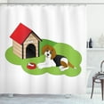 thumbnail image 1 of Beagle Shower Curtain, Cartoon of Dog House Bone Food Grass Graphic on Plain Backdrop Pattern, Fabric Bathroom Set with Hooks, 69W X 75L Inches Long, Lime Green and Dark Pink, by Ambesonne, 1 of 3