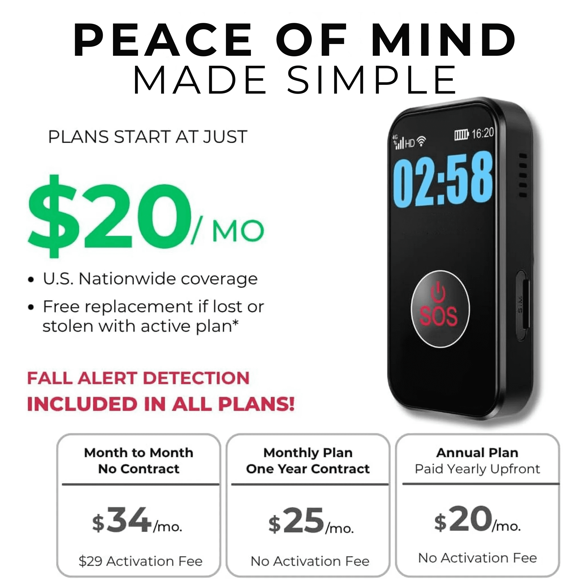 SecuLife Fall Alert Device, Medical Alert Pendant for Seniors - SOS GPS Tracking, 2-Way Calling - Emergency Wearable Necklace for Elderly