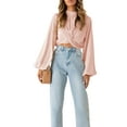 thumbnail image 3 of Seyurigaoka Female Blouse Solid Color Round Neck Long Sleeve Knotted Crop Tops, 3 of 8