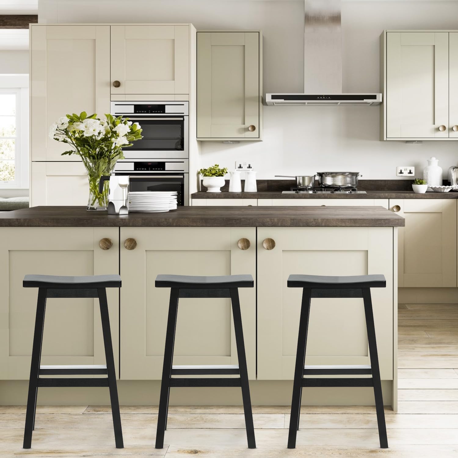 FDW Bar Stools Set of 2 for Kitchen Counter Solid Wooden Saddle Stools 30-Inch Height (Black, 30 in)