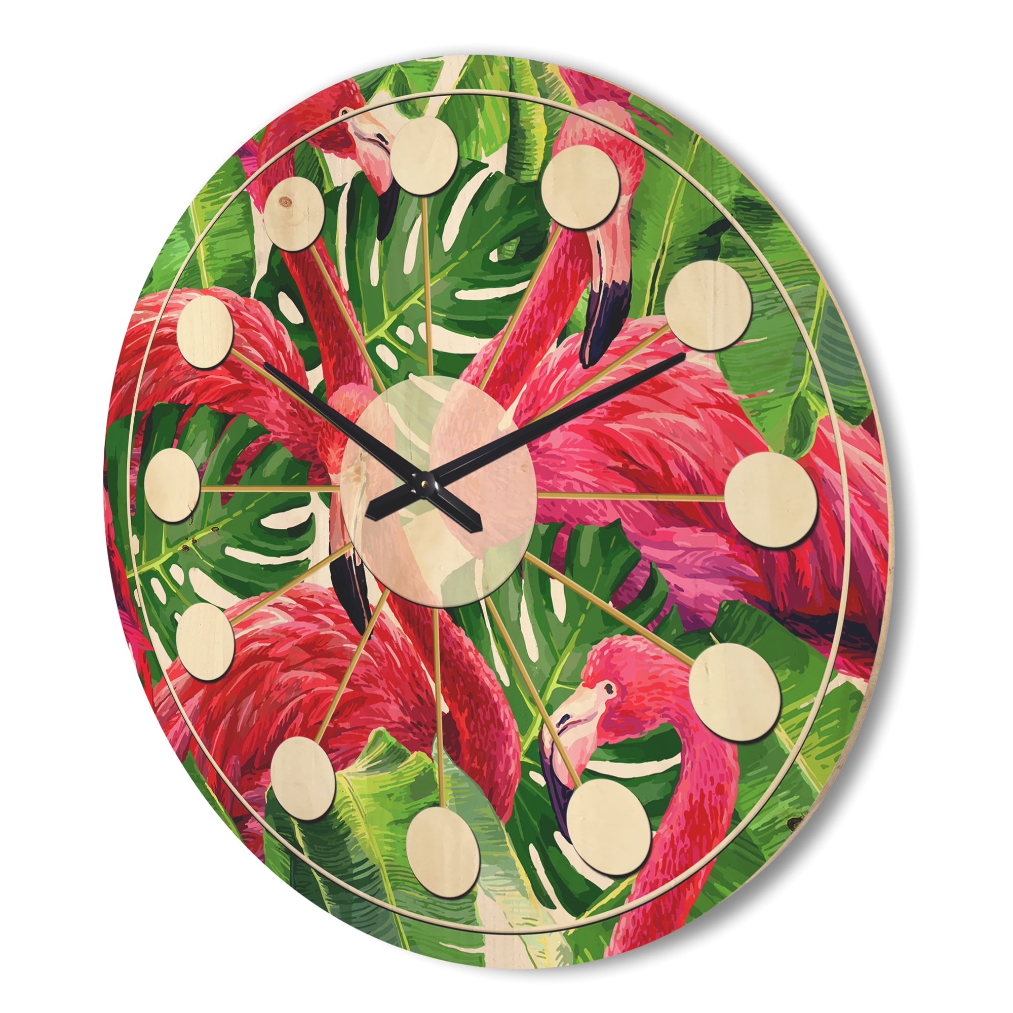 Designart 'Retro Tropical Pink Flamingo With Green Leaves' Mid-Century Modern Wood Wall Clock