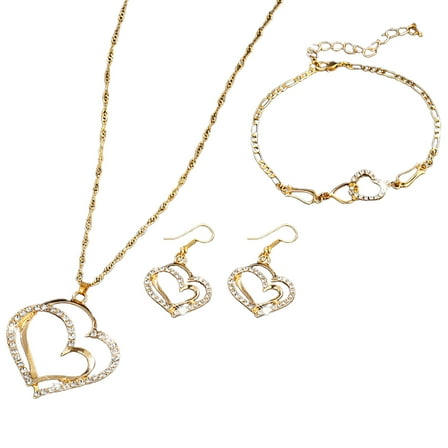 DESIGNICE 1 Set Women Necklace Bracelet Earrings Hollow Out Double Heart Pendant Jewelry Set for Daily Wear