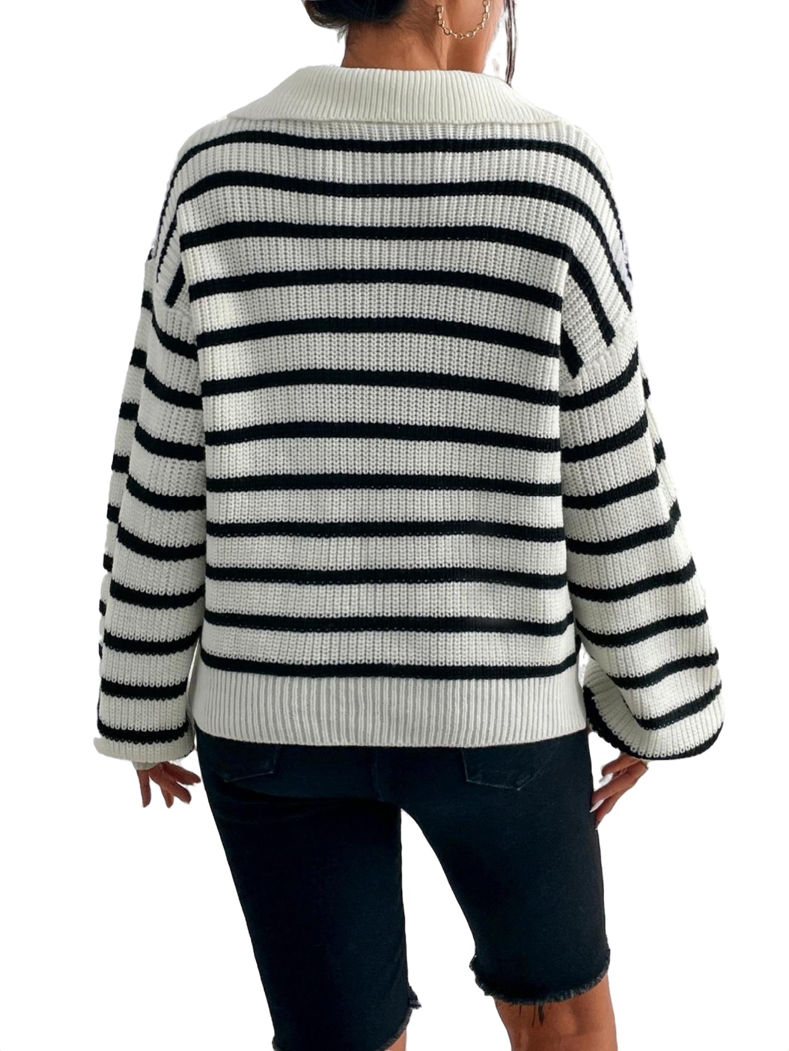 Women's Casual Striped Pullovers Collar Black and White Long Sleeve ...