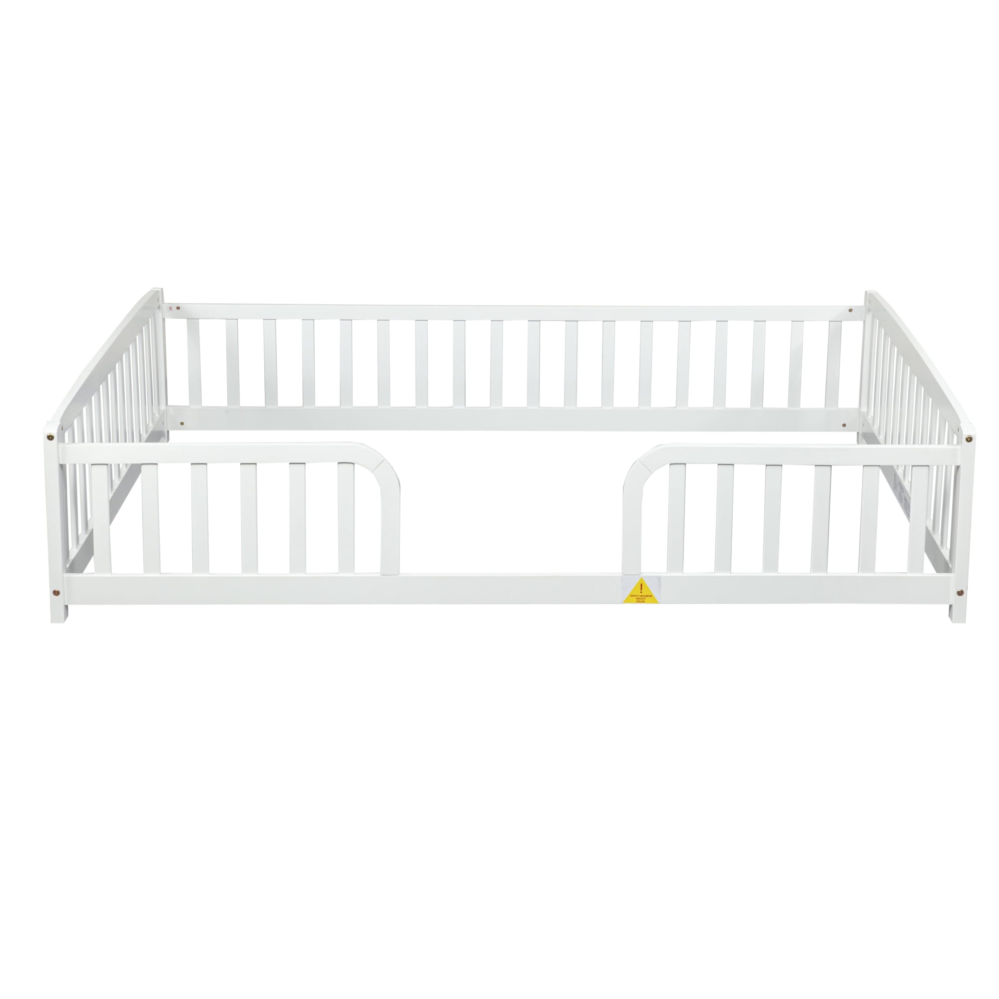 Jopath Full Size Floor Fence Bed with Central Entrance,Pine Wood Floor bed with Guardrails for Boys Girls White
