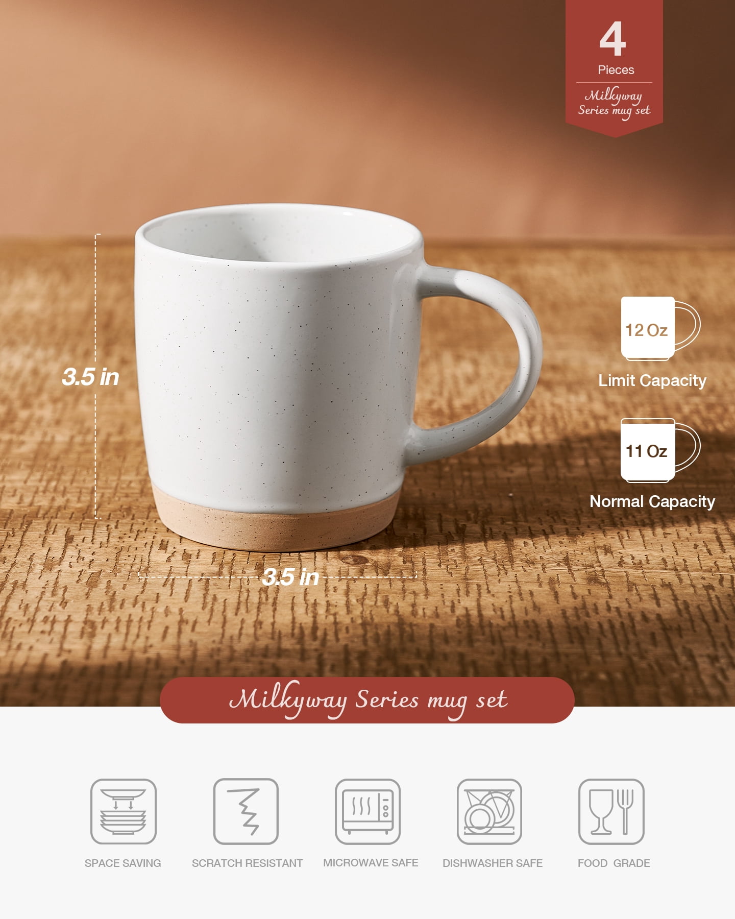 Famiware 14oz Stoneware Coffee Mug, Service for 4, White
